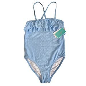 GIRLS Ruffled Lace One Piece Blue Swimming Suit – Size 14